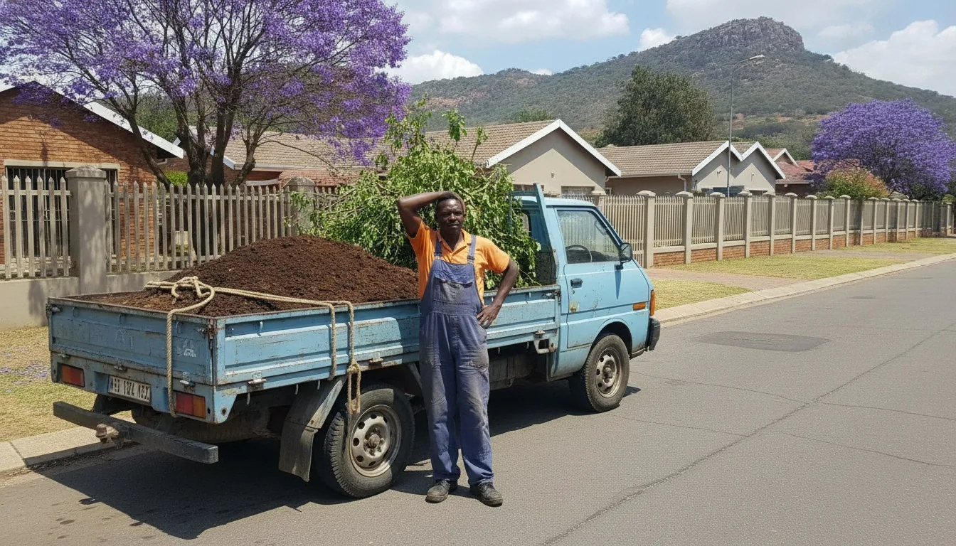 Garden refuse and soil being loaded at a leafy Roodekrans home near the Walter Sisulu Botanical Garden, Roodepoort